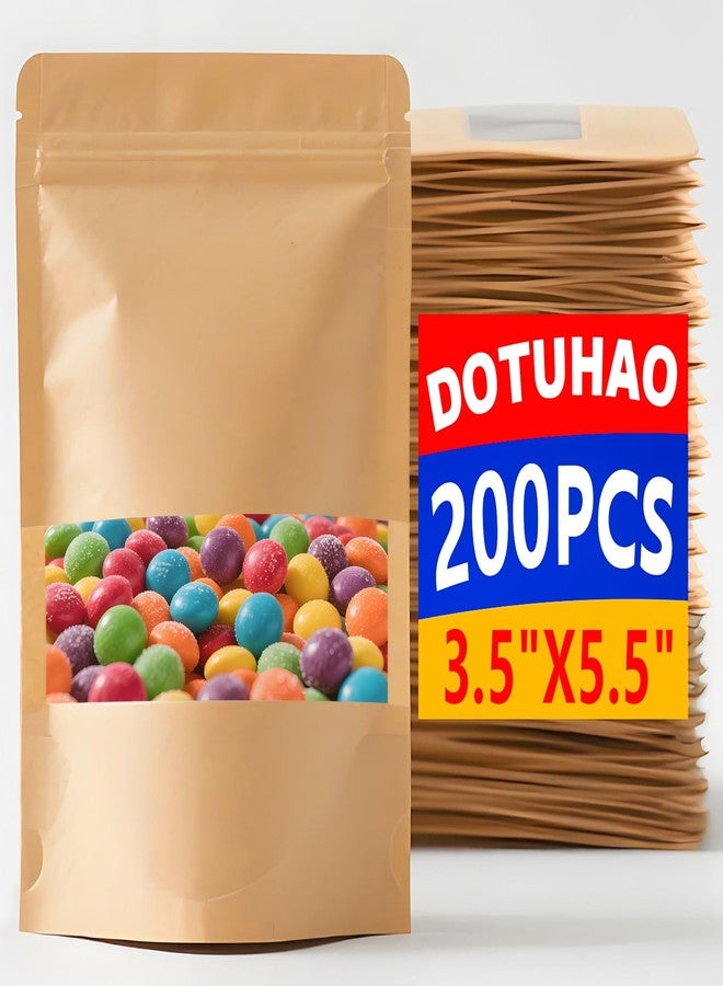 DOTUHAO 200 PCS Kraft Paper Resealable Bags, 3.5" x 5.5" Stand Up Pouch Bags, Kraft Bag with Window, Reusable Ziplock Food Storage Bag Resealable Pouches for Foods, Coffee Beans, Snacks - Image 1